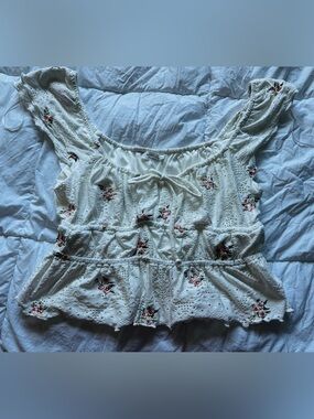 Women’s large Embroidered Eyelet Peplum Top - Cream with Pink Floral Accents